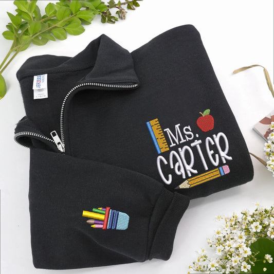 Custom Embroidered Teacher Quarter Zip Sweatshirt - Name or Title Pullover for Preschool, Daycare Teachers, Coworker Gift