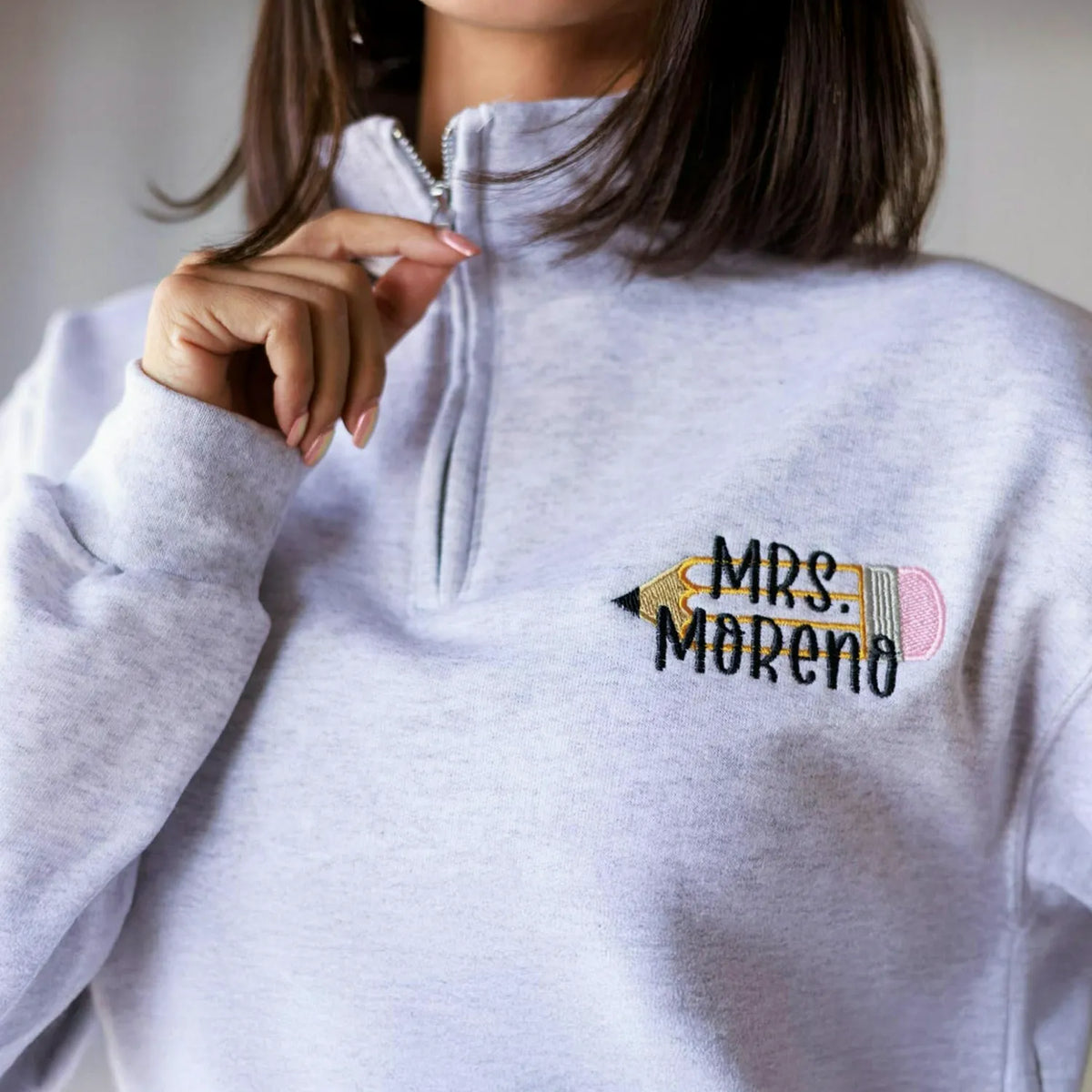 Personalized Teacher Pencil Quarter Zip Sweatshirt - Name or Title Pullover for Preschool, Daycare Teachers, Coworker Gift