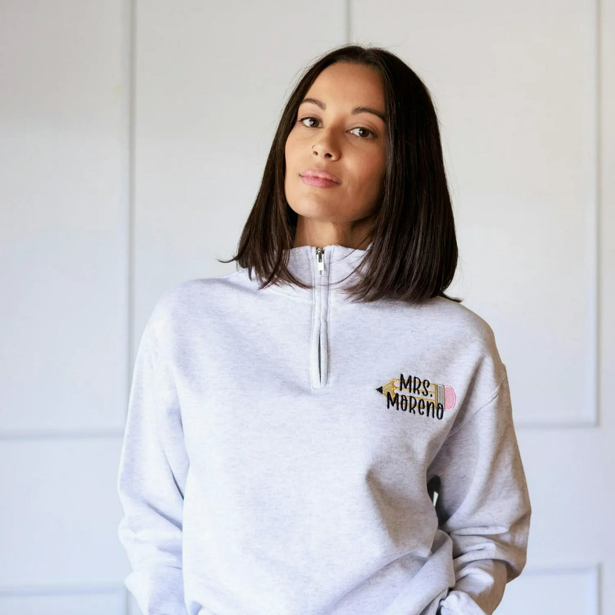 Personalized Teacher Pencil Quarter Zip Sweatshirt - Name or Title Pullover for Preschool, Daycare Teachers, Coworker Gift