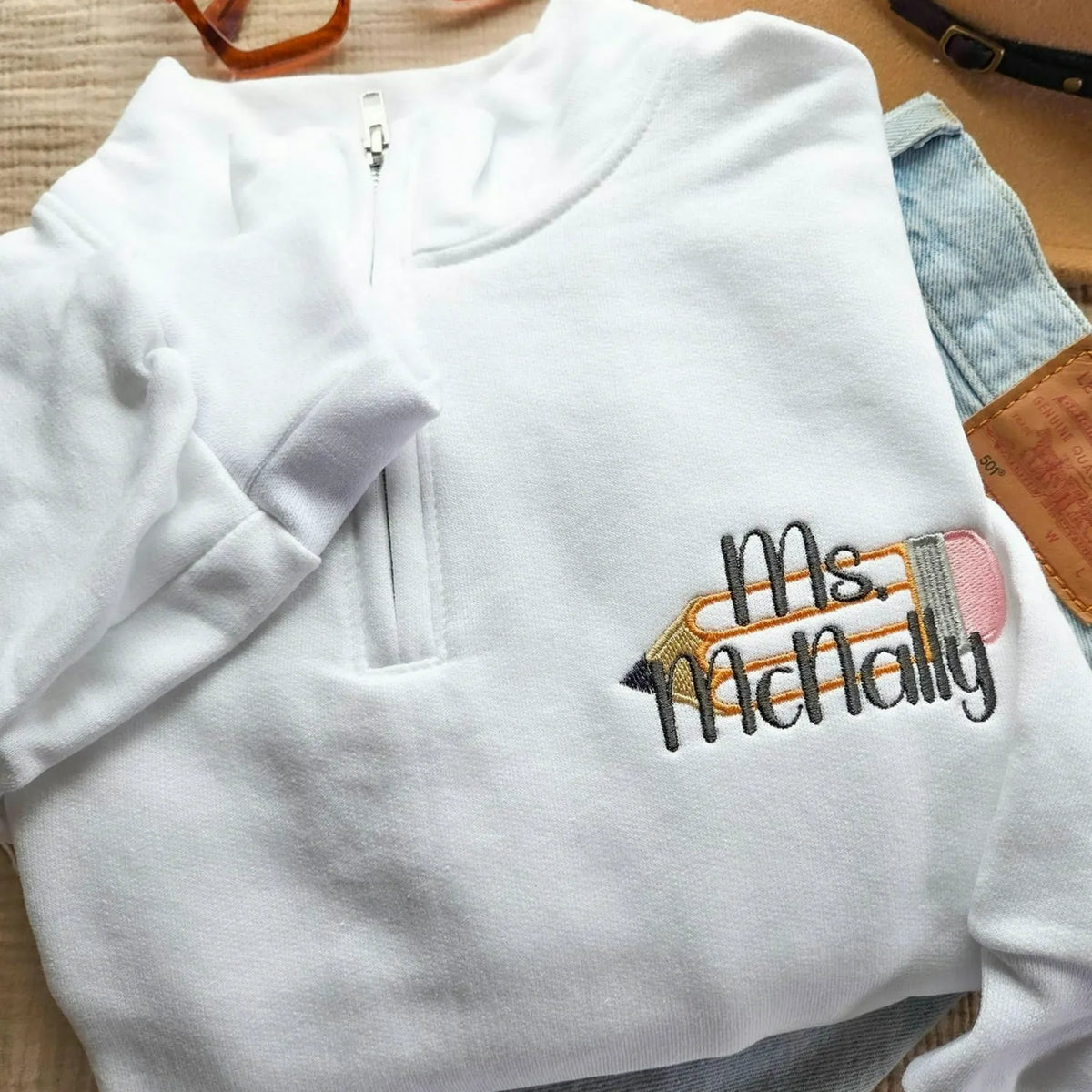 Personalized Teacher Pencil Quarter Zip Sweatshirt - Name or Title Pullover for Preschool, Daycare Teachers, Coworker Gift
