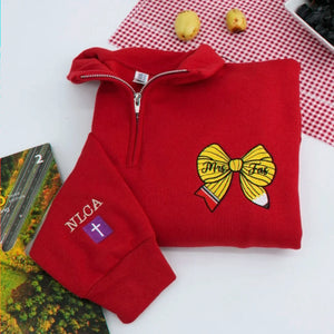 Personalized Back to School Preschool Teacher Quarter Zip - Embroidered Name Pencil Bow, Coquette Teacher Appreciation Gift
