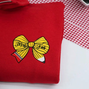 Personalized Back to School Preschool Teacher Quarter Zip - Embroidered Name Pencil Bow, Coquette Teacher Appreciation Gift