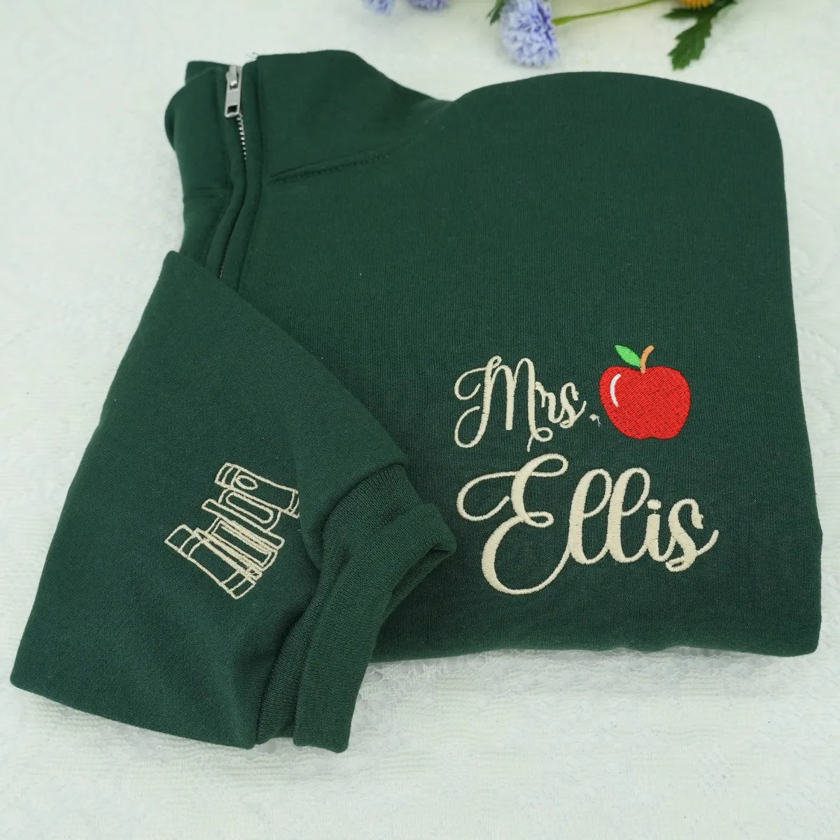 Personalized Back to School Teacher Quarter Zip - Embroidered Apple Name 1/4 Zip Sweatshirt, Teacher Appreciation Gift