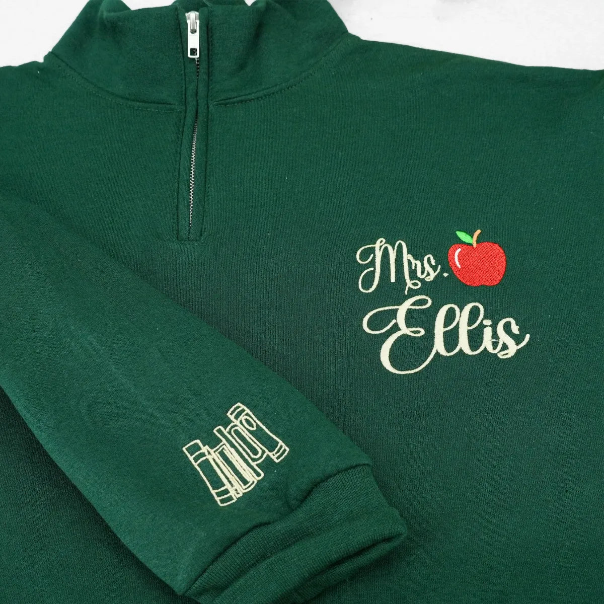 Personalized Back to School Teacher Quarter Zip for Wife - Embroidered Apple Name 1/4 Zip Sweatshirt, Teacher Appreciation Gift
