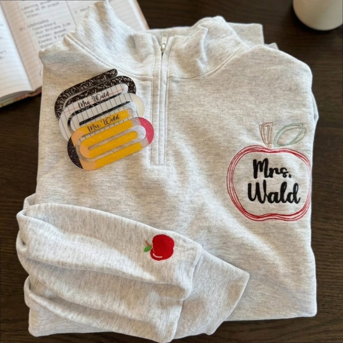 Personalized Apple Name Teacher Quarter Zip Pullover for Your Daughter’s or Son's Teacher