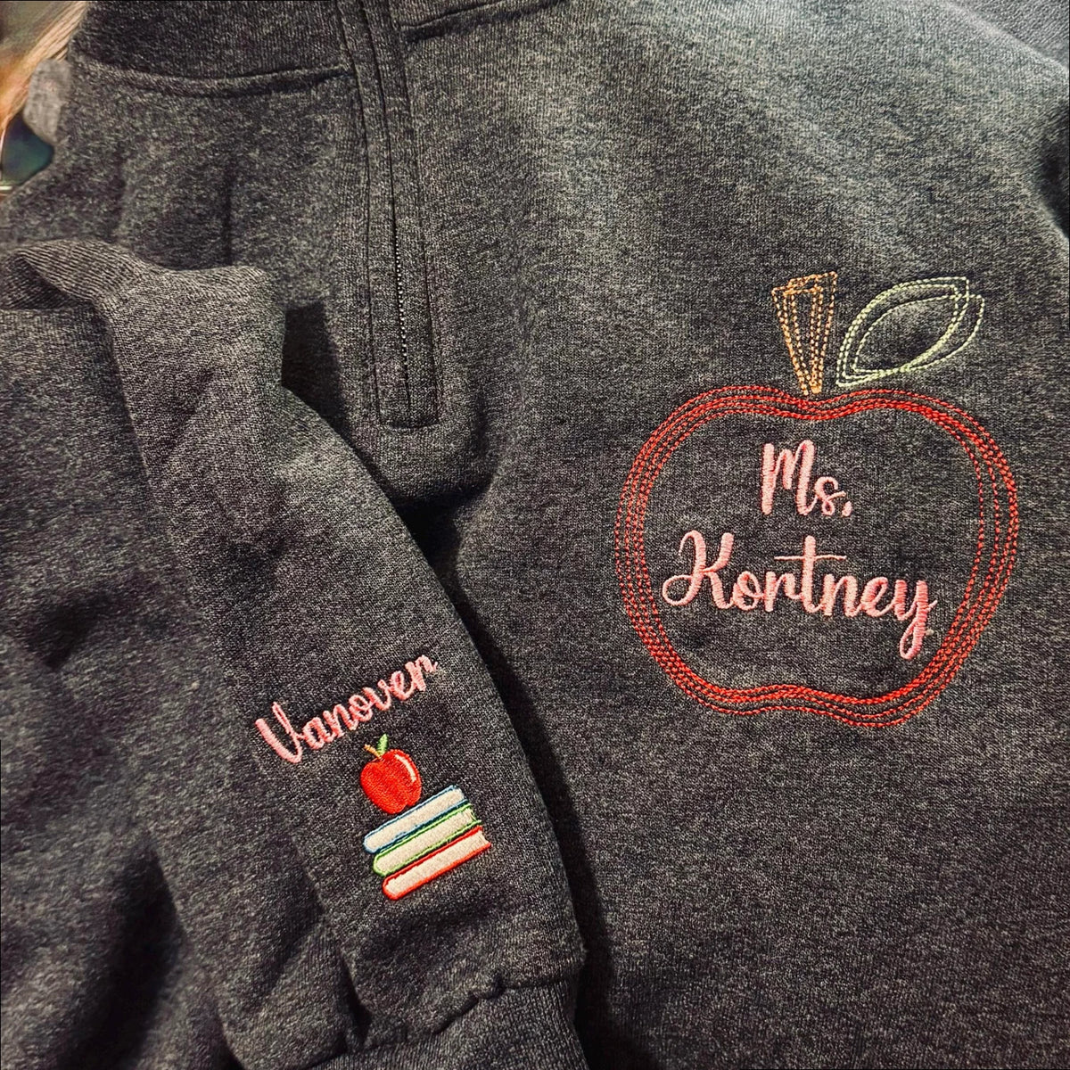 Personalized Apple Name Teacher Quarter Zip Pullover for Your Daughter’s or Son's Teacher