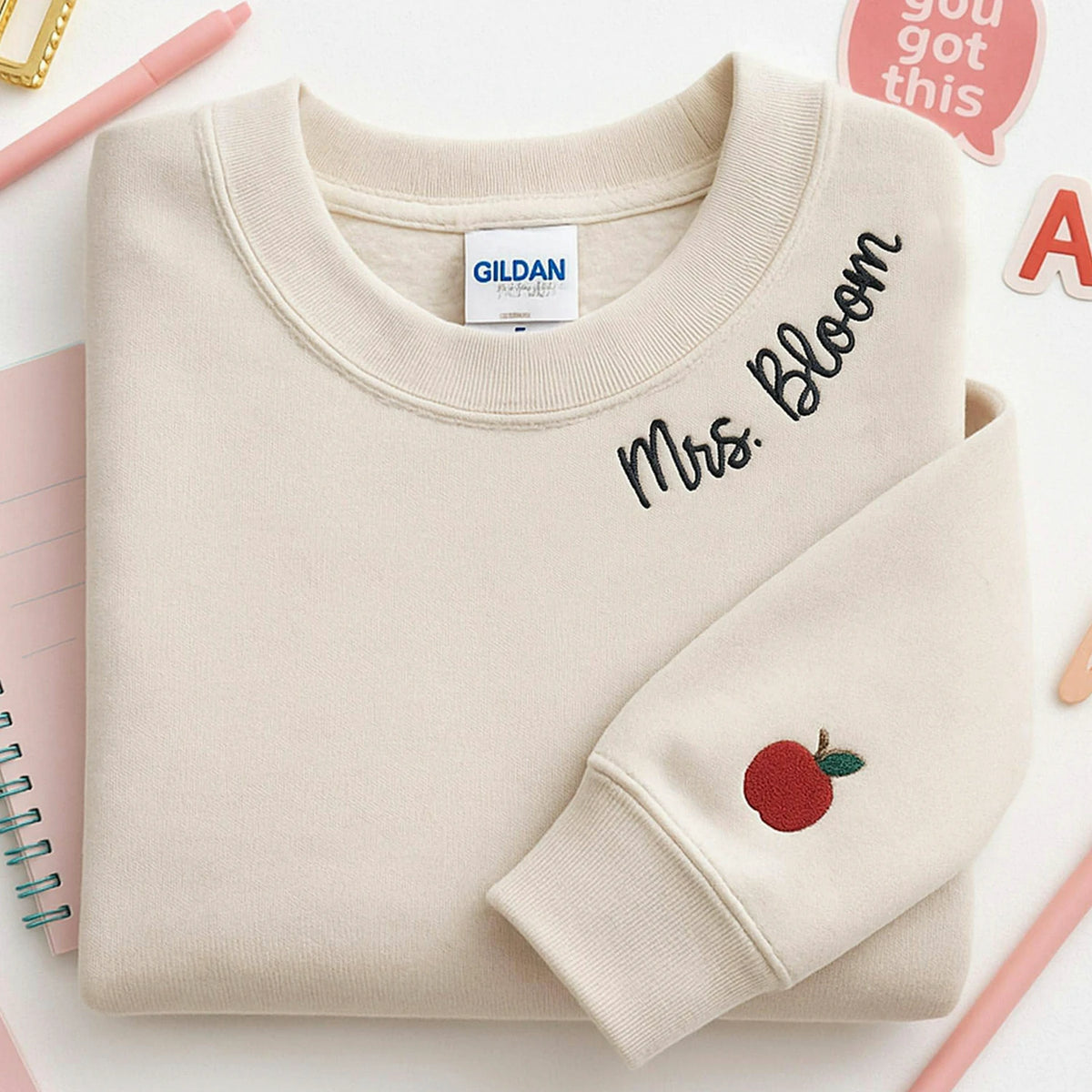 Personalized Teacher Name on Neckline Embroidered Sweatshirt, Appreciation Gift