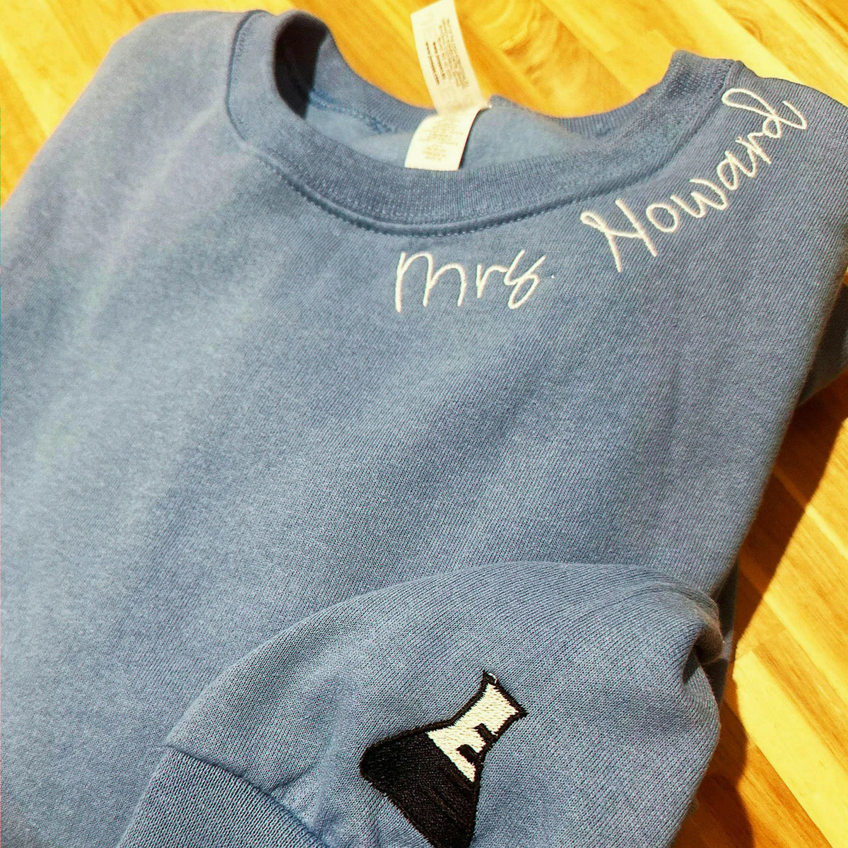 Personalized Teacher Name on Neckline Embroidered Sweatshirt, Appreciation Gift
