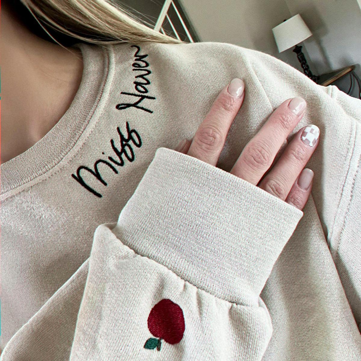 Personalized Teacher Name on Neckline Embroidered Sweatshirt, Appreciation Gift