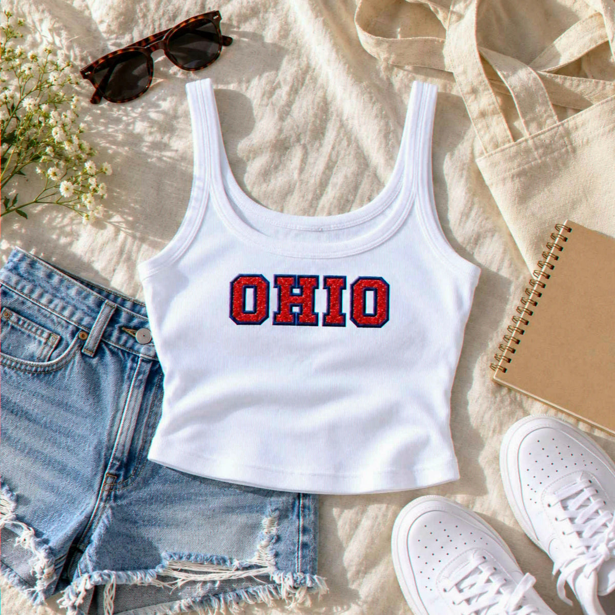 Custom City Glitter Tank Top, Embroidered State Name Applique Tank, Preppy Summer Shirt, Travel Souvenir Gift