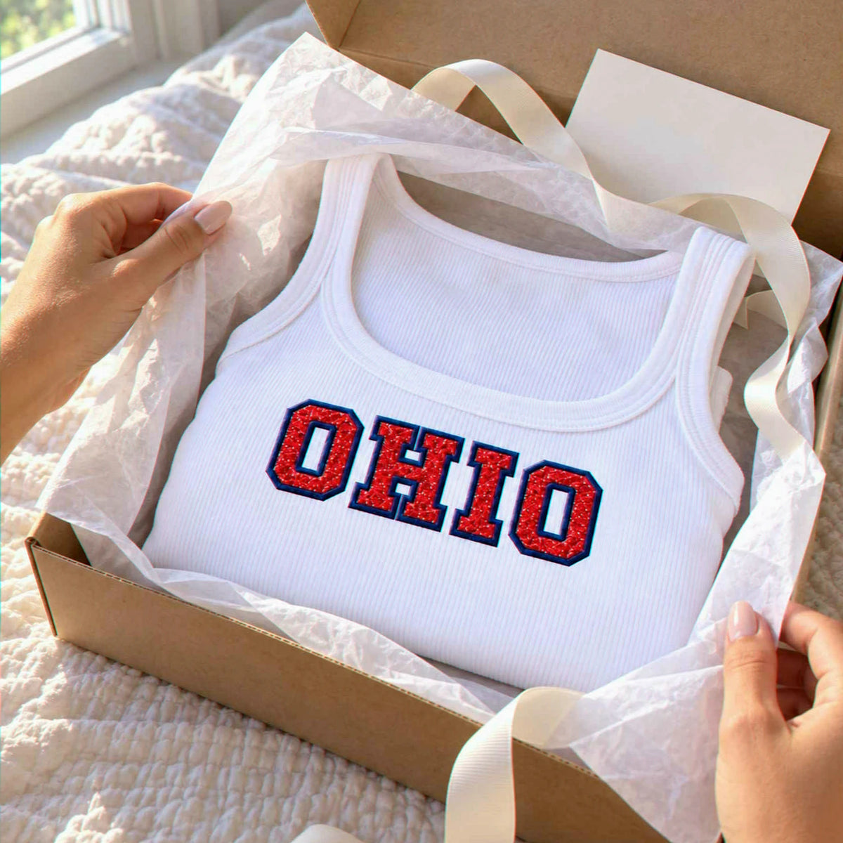 Custom City Glitter Tank Top, Embroidered State Name Applique Tank, Preppy Summer Shirt, Travel Souvenir Gift
