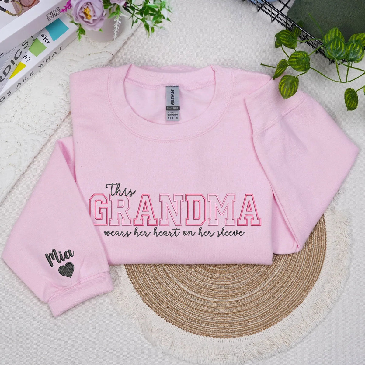 Custom Grandma Embroidered Sweatshirt - This Grandma Wears Her Heart on Her Sleeve