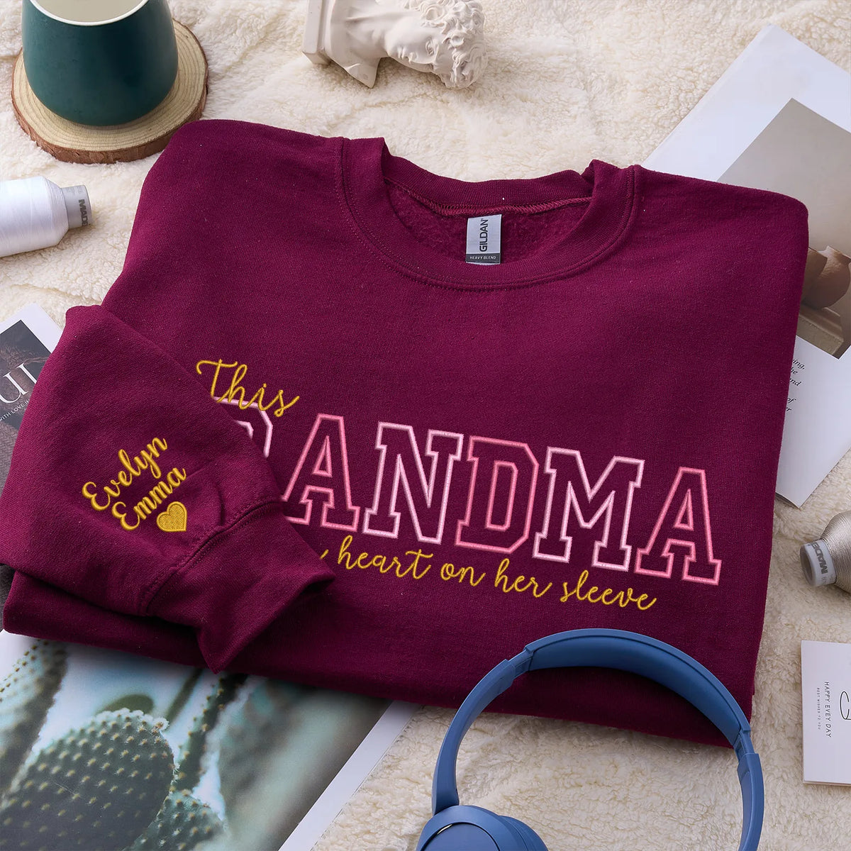 Custom Grandma Embroidered Sweatshirt - This Grandma Wears Her Heart on Her Sleeve