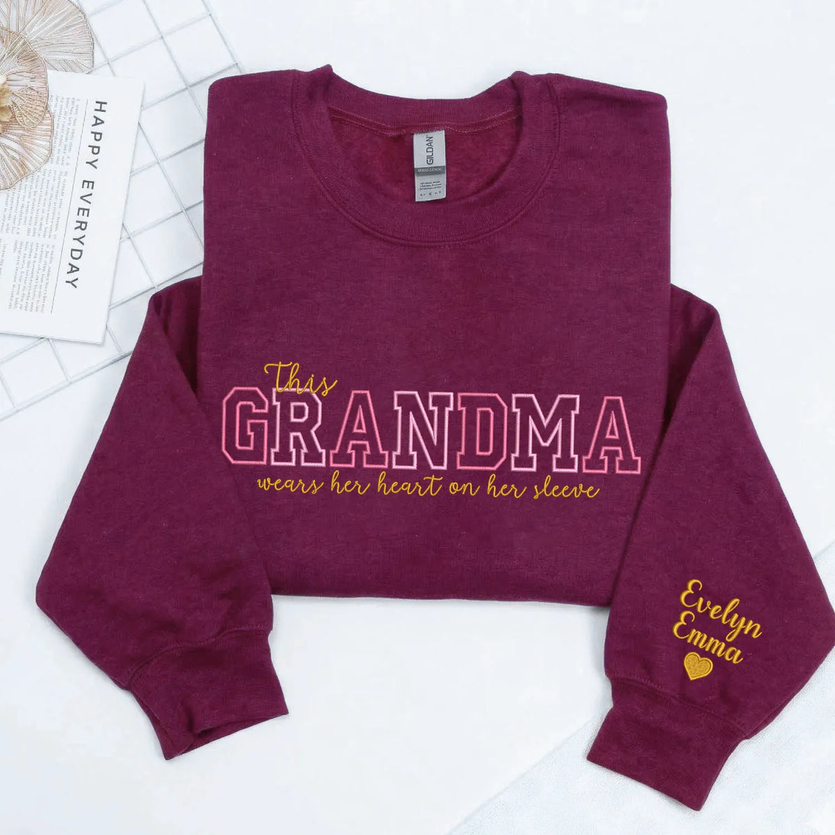 Custom Grandma Embroidered Sweatshirt - This Grandma Wears Her Heart on Her Sleeve