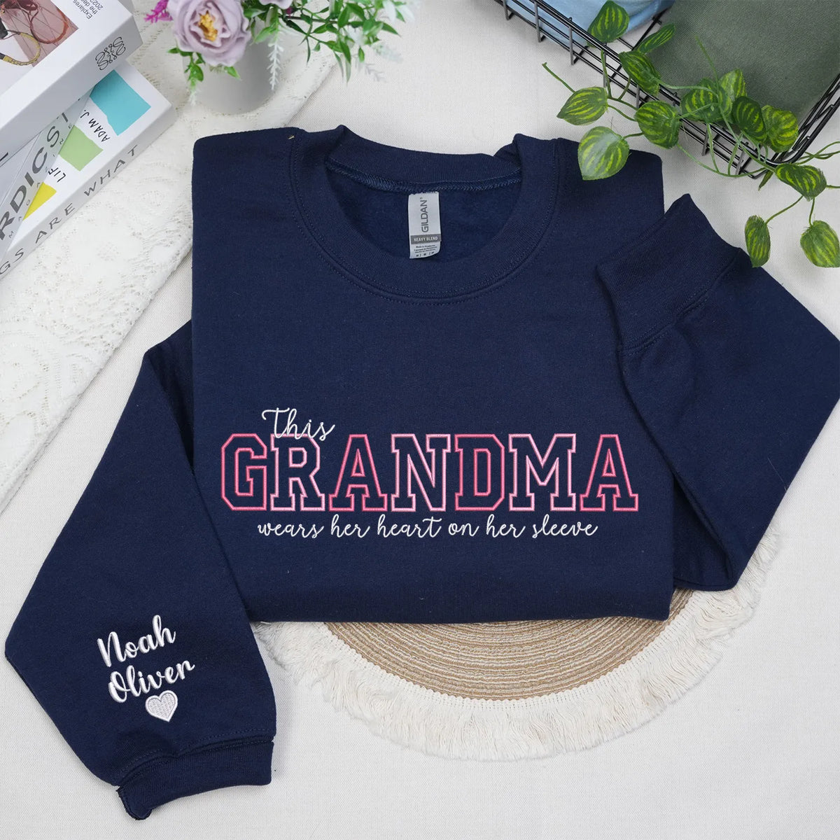 Custom Grandma Embroidered Sweatshirt - This Grandma Wears Her Heart on Her Sleeve