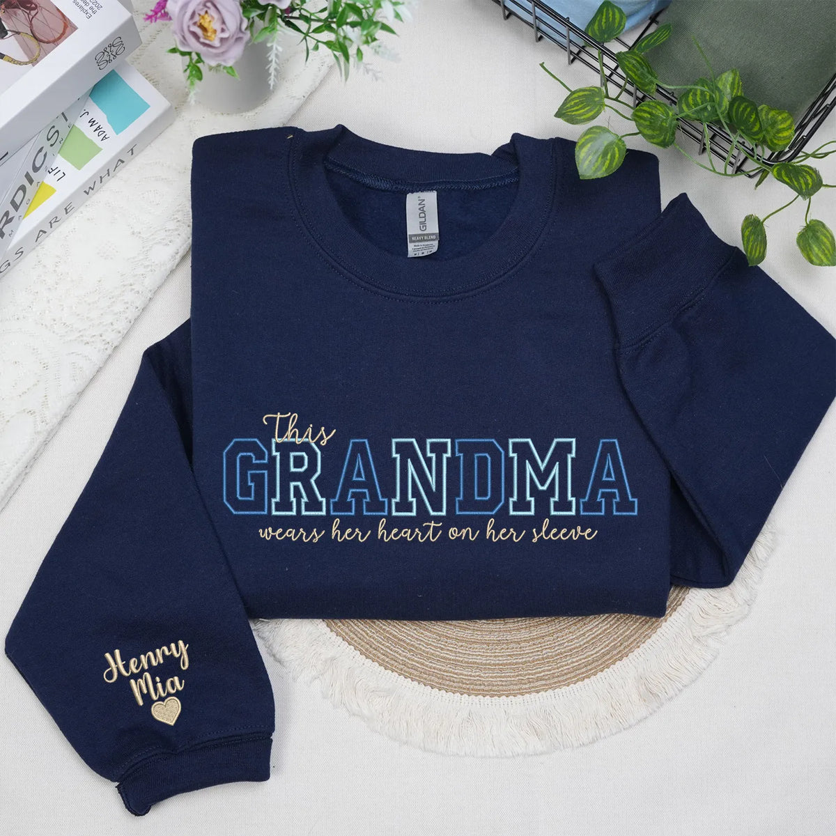 Custom Grandma Embroidered Sweatshirt - This Grandma Wears Her Heart on Her Sleeve