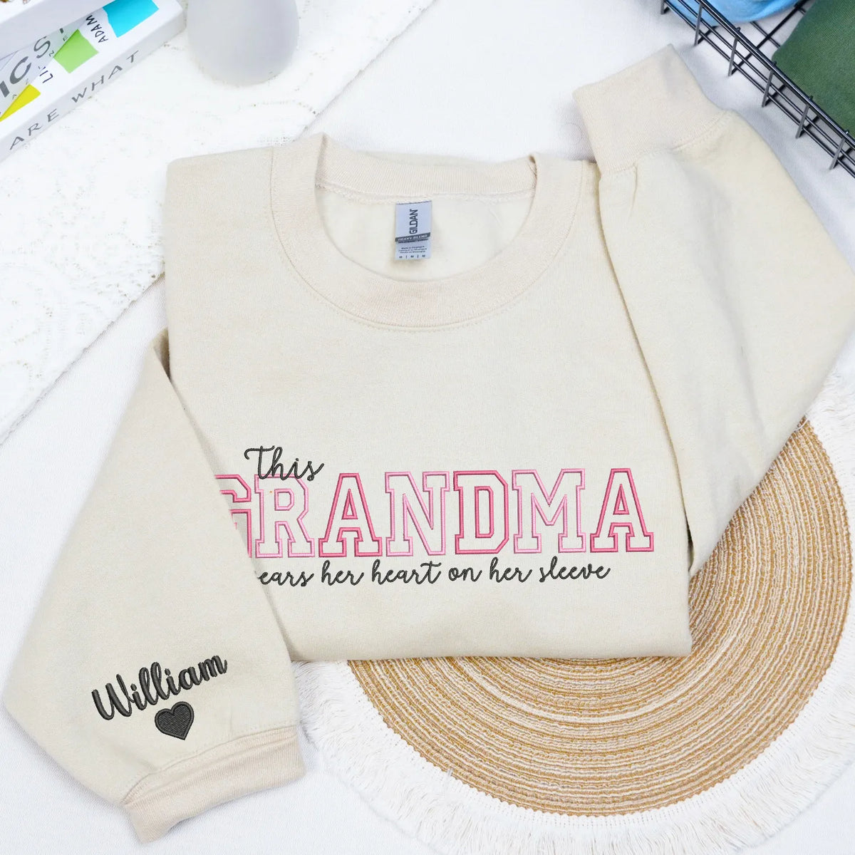 Custom Grandma Embroidered Sweatshirt - This Grandma Wears Her Heart on Her Sleeve