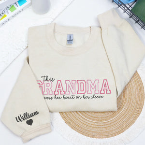 Custom Grandma Embroidered Sweatshirt - This Grandma Wears Her Heart on Her Sleeve