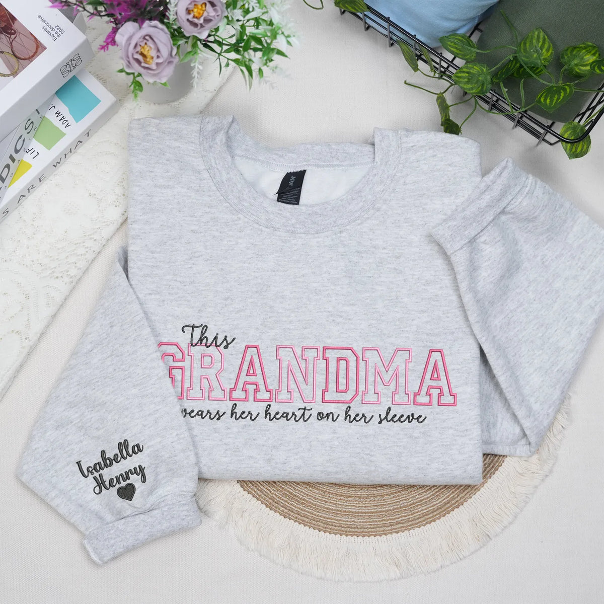 Custom Grandma Embroidered Sweatshirt - This Grandma Wears Her Heart on Her Sleeve