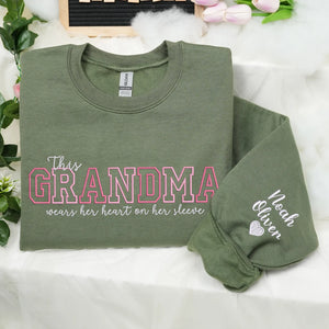 Custom Grandma Embroidered Sweatshirt - This Grandma Wears Her Heart on Her Sleeve