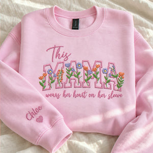 Personalized Floral Mama Wears Her Heart on Her Sleeve Sweatshirt - Birthday Gift for Wife with Kid Names Sleeve