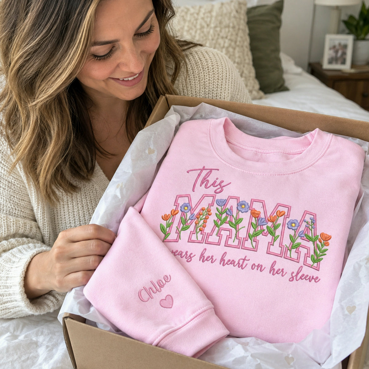 Personalized Floral Mama Wears Her Heart on Her Sleeve Sweatshirt - Birthday Gift for Wife with Kid Names Sleeve