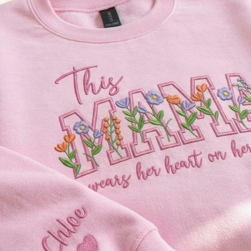 Personalized Floral Mama Wears Her Heart on Her Sleeve Sweatshirt - Birthday Gift for Wife with Kid Names Sleeve