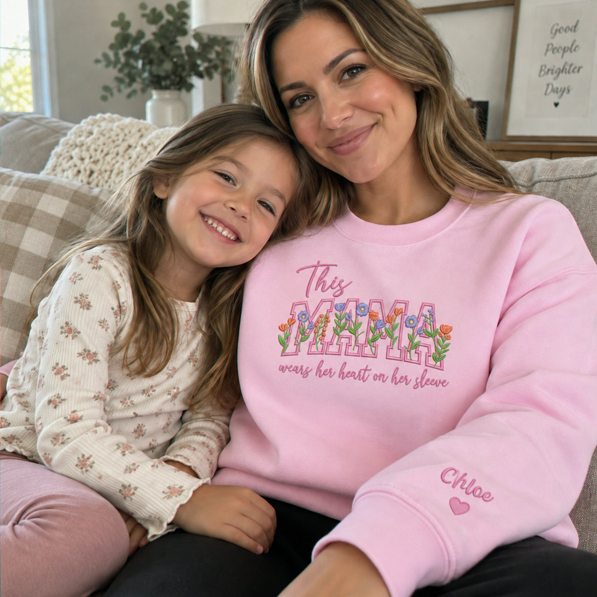 Personalized Floral Mama Wears Her Heart on Her Sleeve Sweatshirt - Birthday Gift for Wife with Kid Names Sleeve