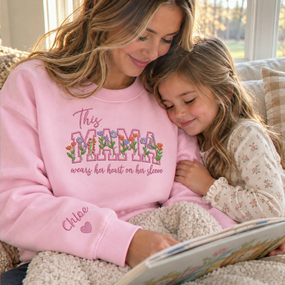 Personalized Floral Mama Wears Her Heart on Her Sleeve Sweatshirt - Birthday Gift for Wife with Kid Names Sleeve