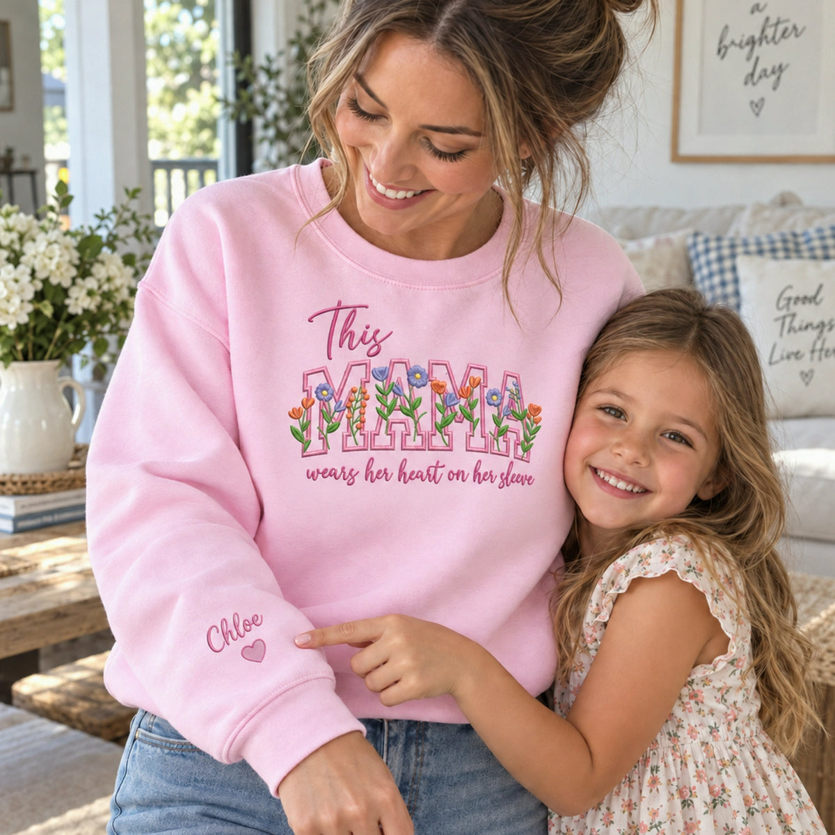 Personalized Floral Mama Wears Her Heart on Her Sleeve Sweatshirt - Birthday Gift for Wife with Kid Names Sleeve