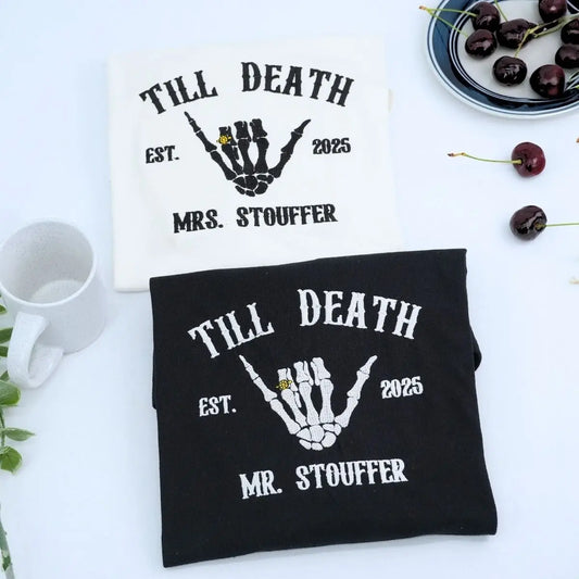 Embroidered skeleton bride and groom matching sweatshirts for newlywed couples with "Til Death" text