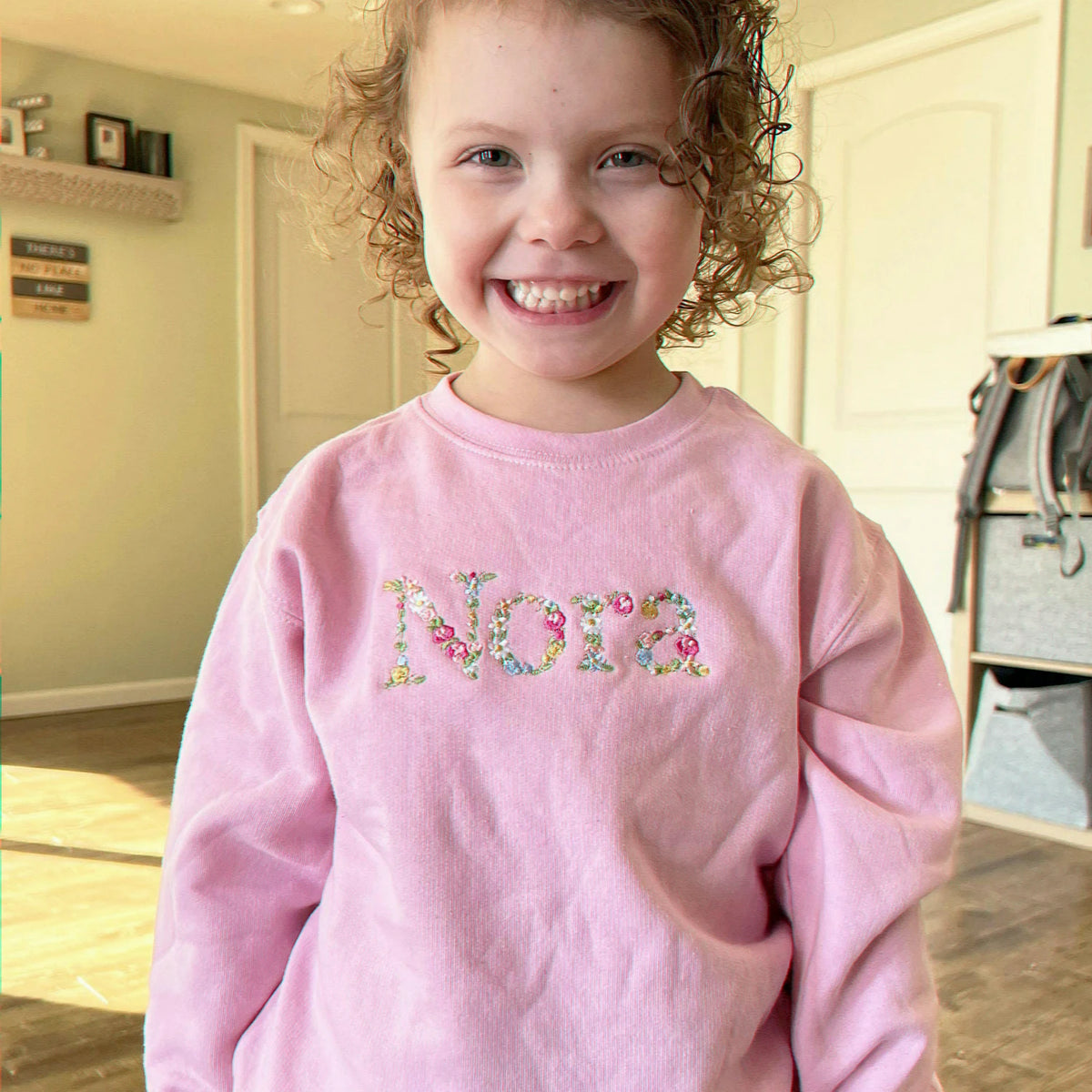 Embroidered Floral Name Toddler Sweatshirt for Baby Girls, Personalized Gift for Baby
