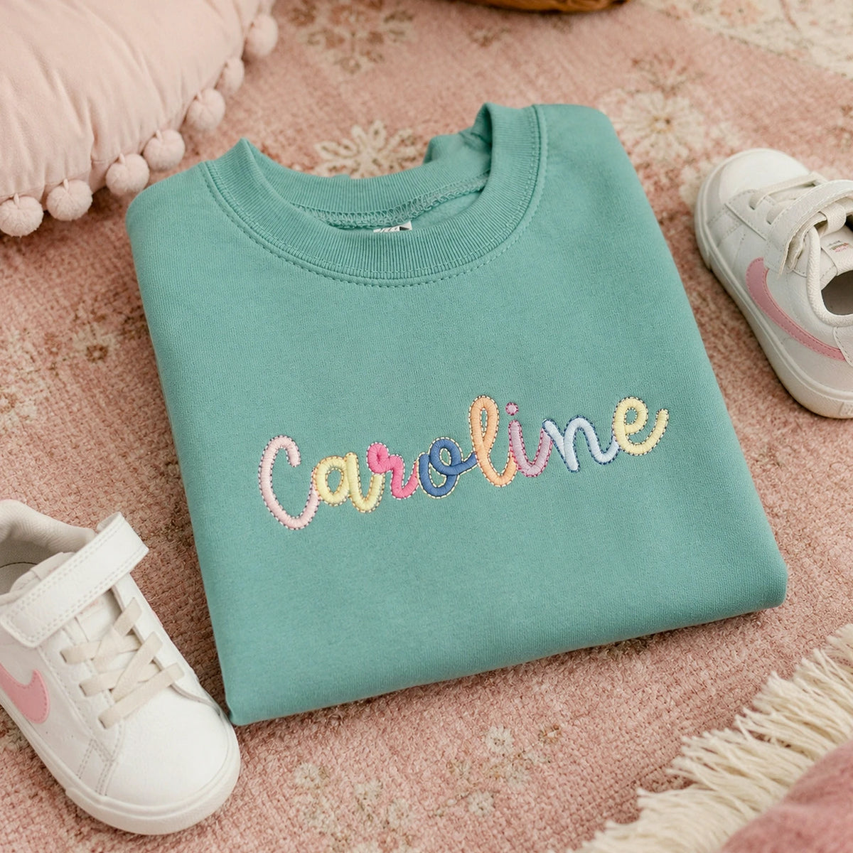 Custom Monogram Toddler Girls Sweatshirt, Embroidered Colorful Rainbow Crewneck for Girls