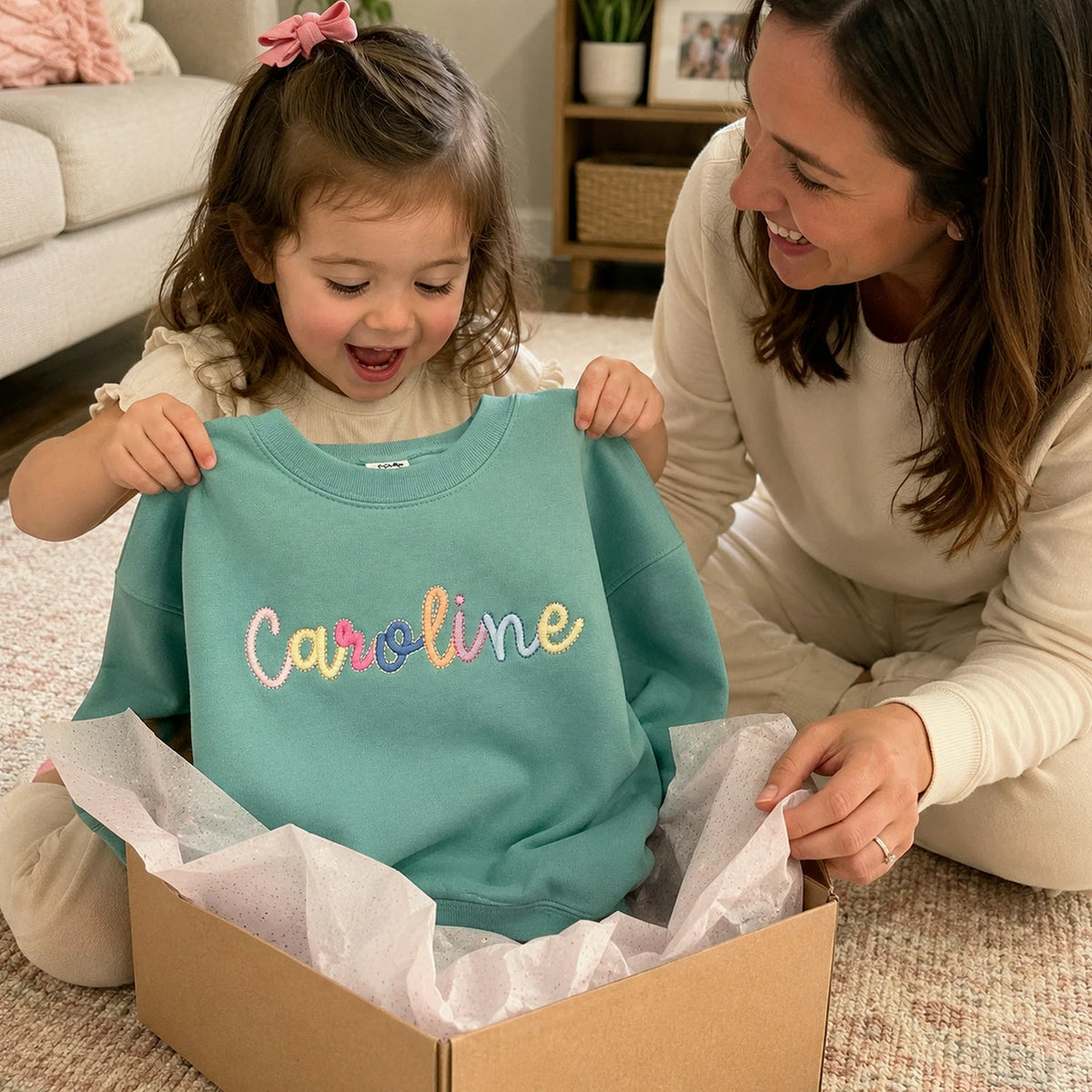 Custom Monogram Toddler Girls Sweatshirt, Embroidered Colorful Rainbow Crewneck for Girls