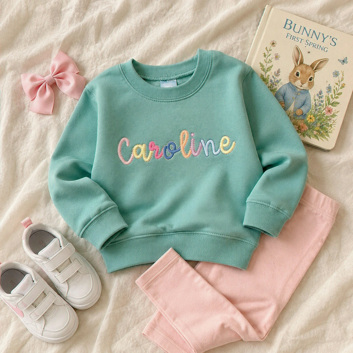 Custom Monogram Toddler Girls Sweatshirt, Embroidered Colorful Rainbow Crewneck for Girls