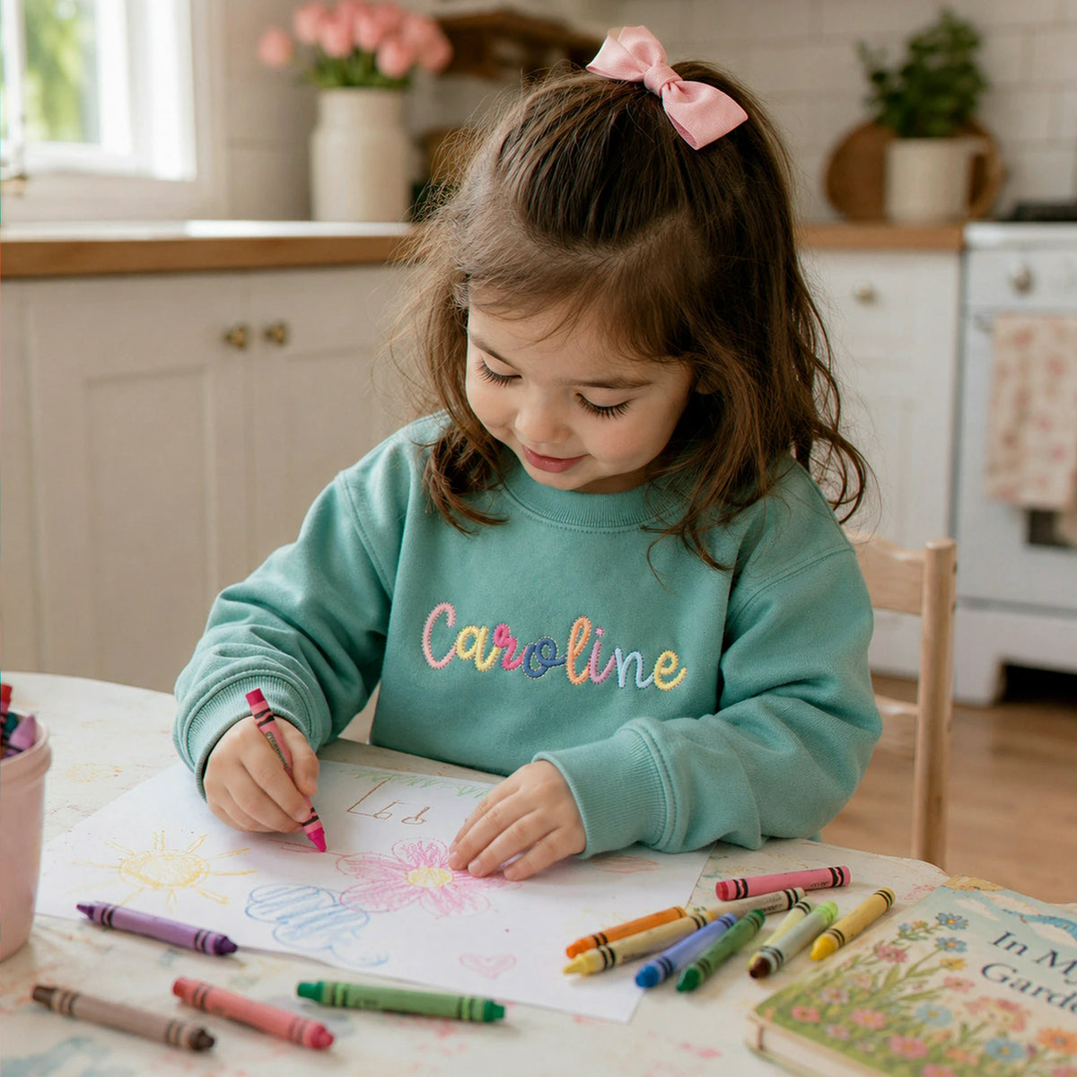 Custom Monogram Toddler Girls Sweatshirt, Embroidered Colorful Rainbow Crewneck for Girls