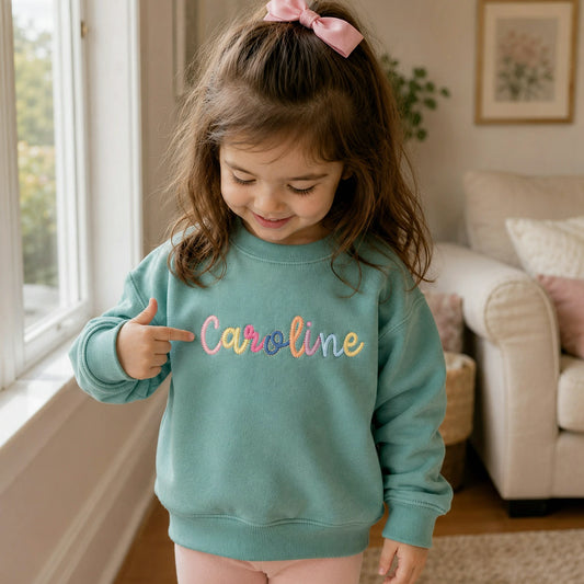 Custom Monogram Toddler Girls Sweatshirt, Embroidered Colorful Rainbow Crewneck for Girls