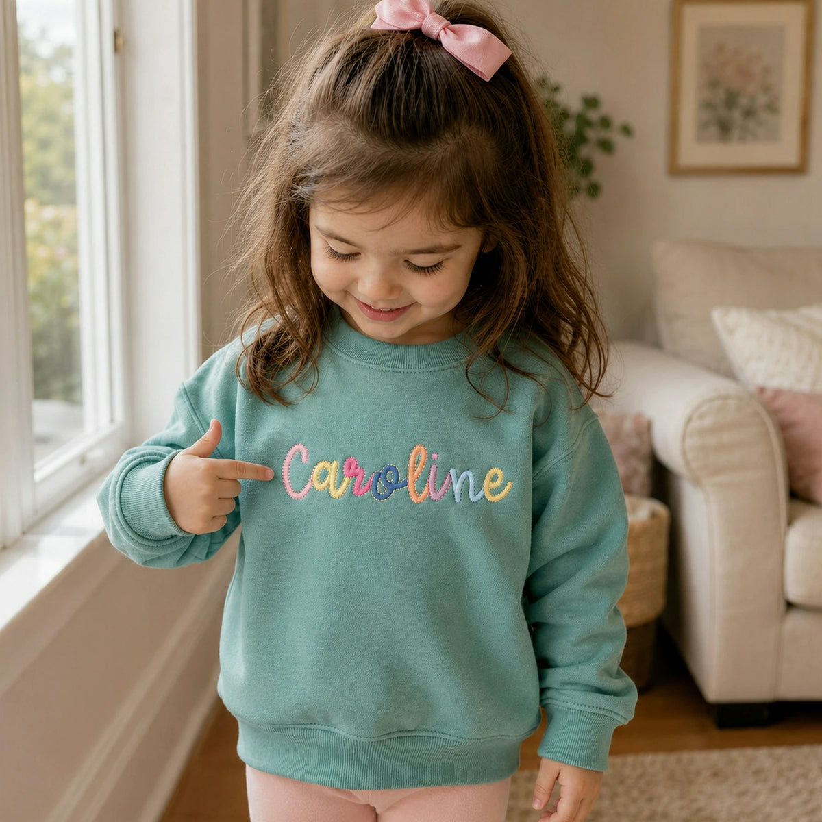 Custom Monogram Toddler Girls Sweatshirt, Embroidered Colorful Rainbow Crewneck for Girls