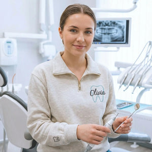 Personalized Embroidered Tooth Dental Hygienist Quarter Zip Sweatshirt, Orthodontist Sweatshirt, Dental Assistant Gift