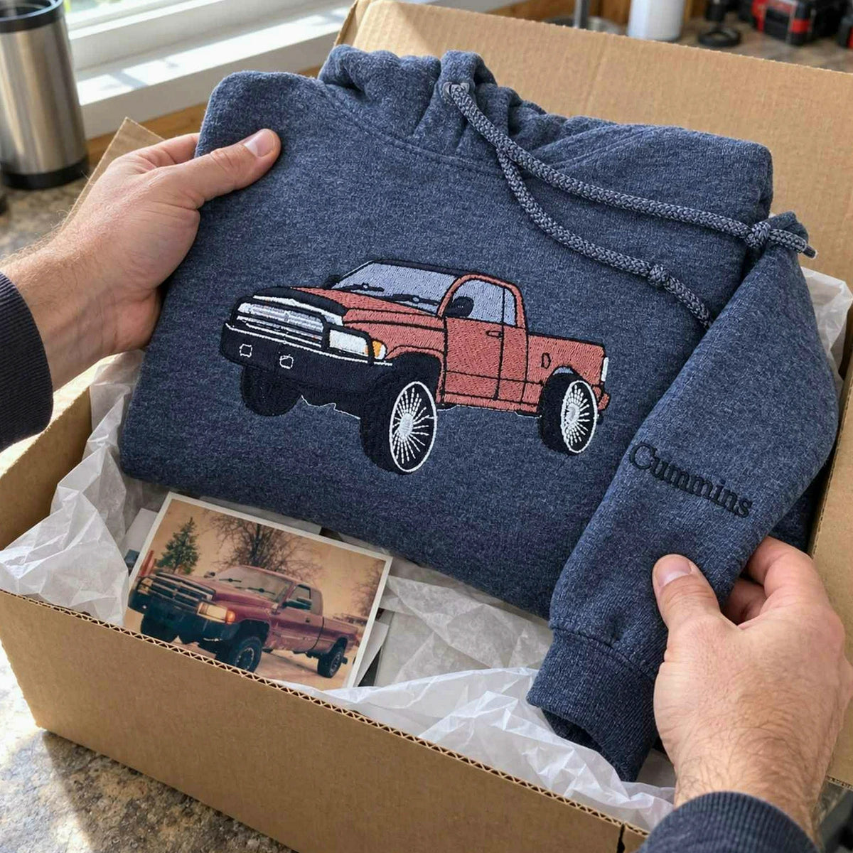 Custom Embroidered Trucker Hoodie from Your Photo, Personalized Gift for Truck Lover