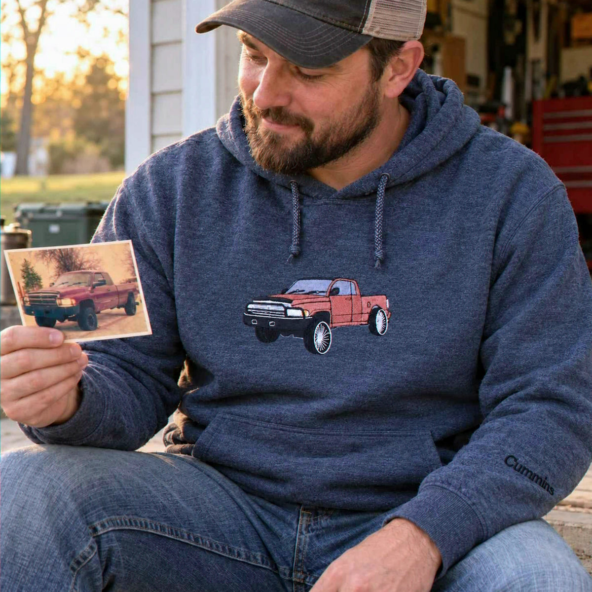 Custom Embroidered Trucker Hoodie from Your Photo, Personalized Gift for Truck Lover