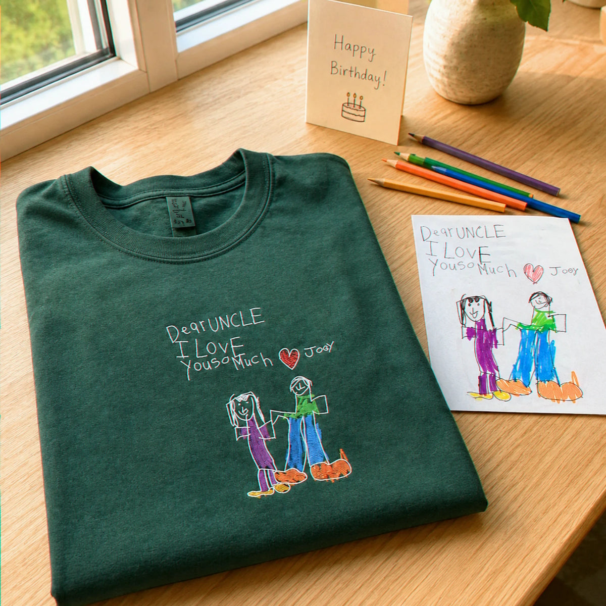 Custom Kids Drawing for Uncle Birthday T-Shirt, Embroidered Drawing from Photo Gift For Uncle from Niece