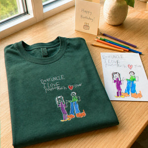 Custom Kids Drawing for Uncle Birthday T-Shirt, Embroidered Drawing from Photo Gift For Uncle from Niece