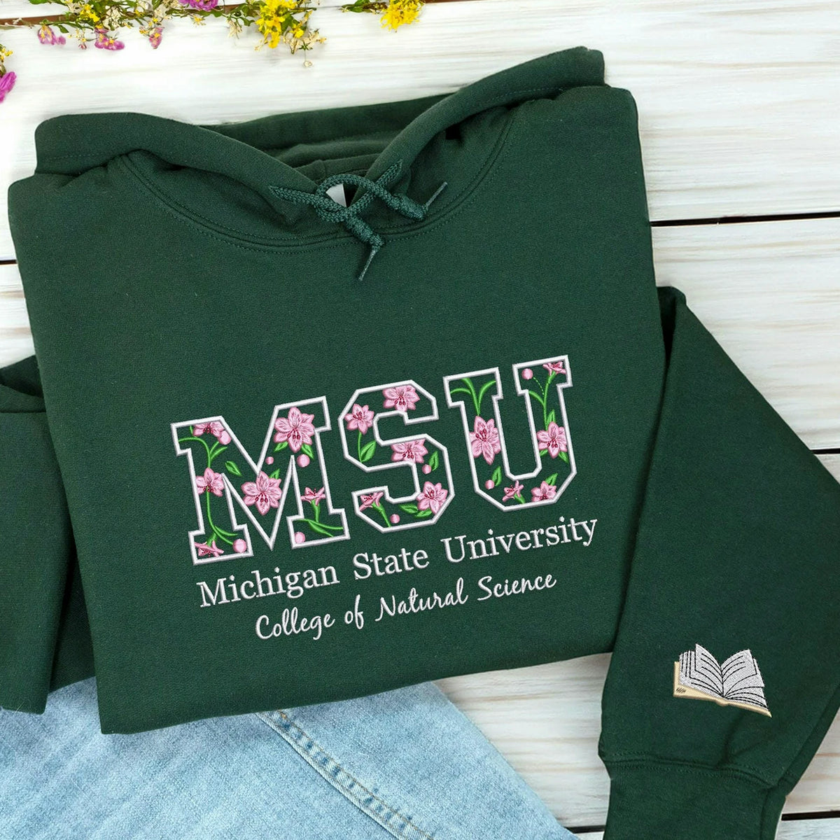 floral embroidered forest green college hoodie personalized for graduation, alumni memories, or everyday campus pride