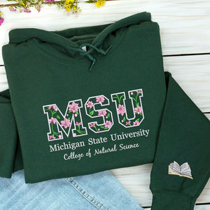 floral embroidered forest green college hoodie personalized for graduation, alumni memories, or everyday campus pride