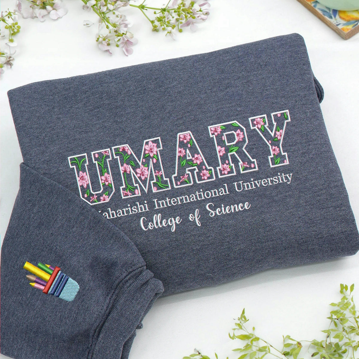 Custom Floral Embroidered College Hoodie, Personalized University Graduation or Alumni Gift