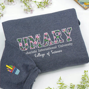 Custom Floral Embroidered College Hoodie, Personalized University Graduation or Alumni Gift
