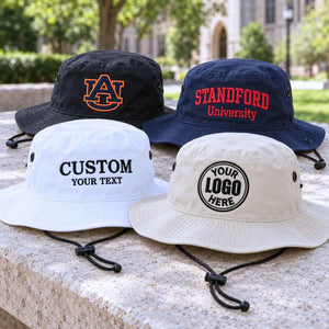 Four custom embroidered boonie bucket hats with adjustable chin straps showing university logos and custom text options