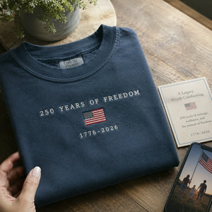USA 250 Years Embroidered T-Shirt - America 250th Anniversary, Independence Day Tee
