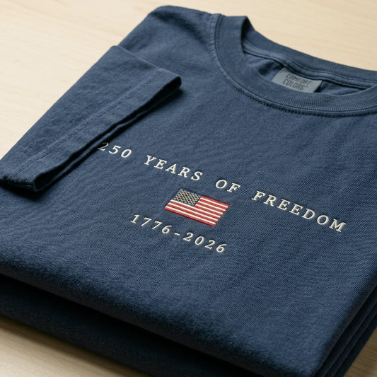 USA 250 Years Embroidered T-Shirt - America 250th Anniversary, Independence Day Tee